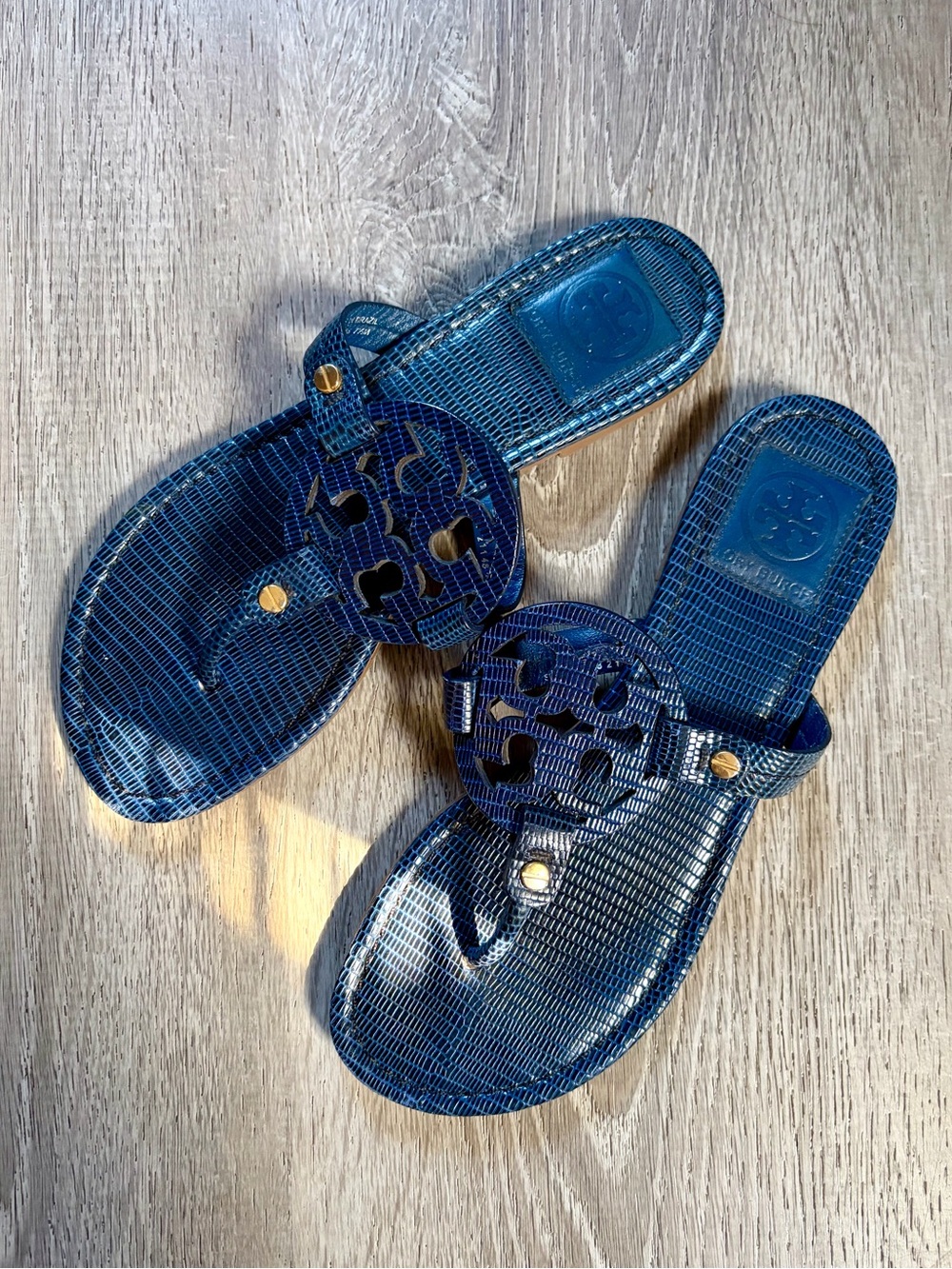 Tory Burch Blue Snakeskin Miller Logo Sandals